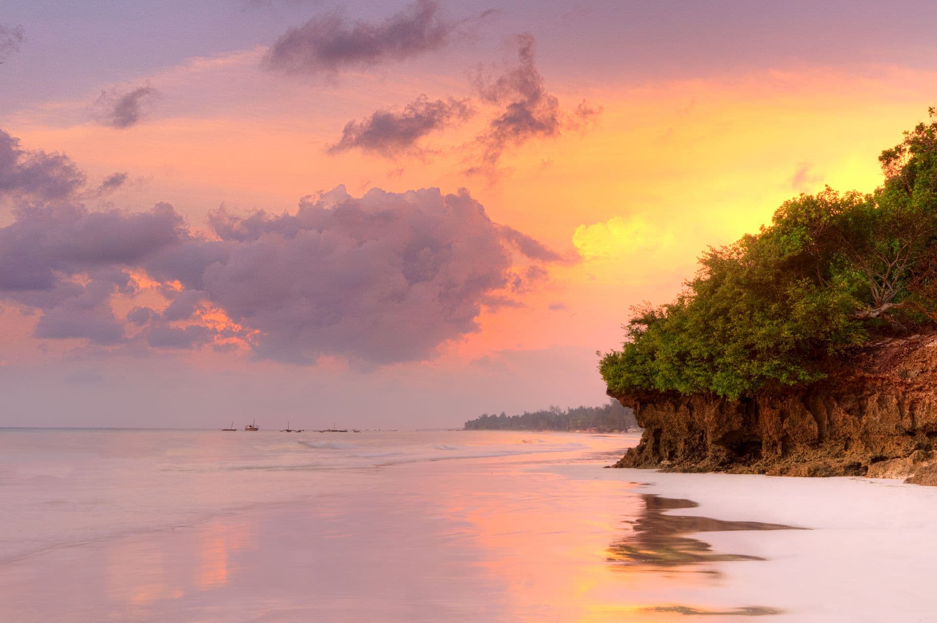 Pink and orange sunrise sky reflected on wet sand at Diani Beach, with a wooded headland